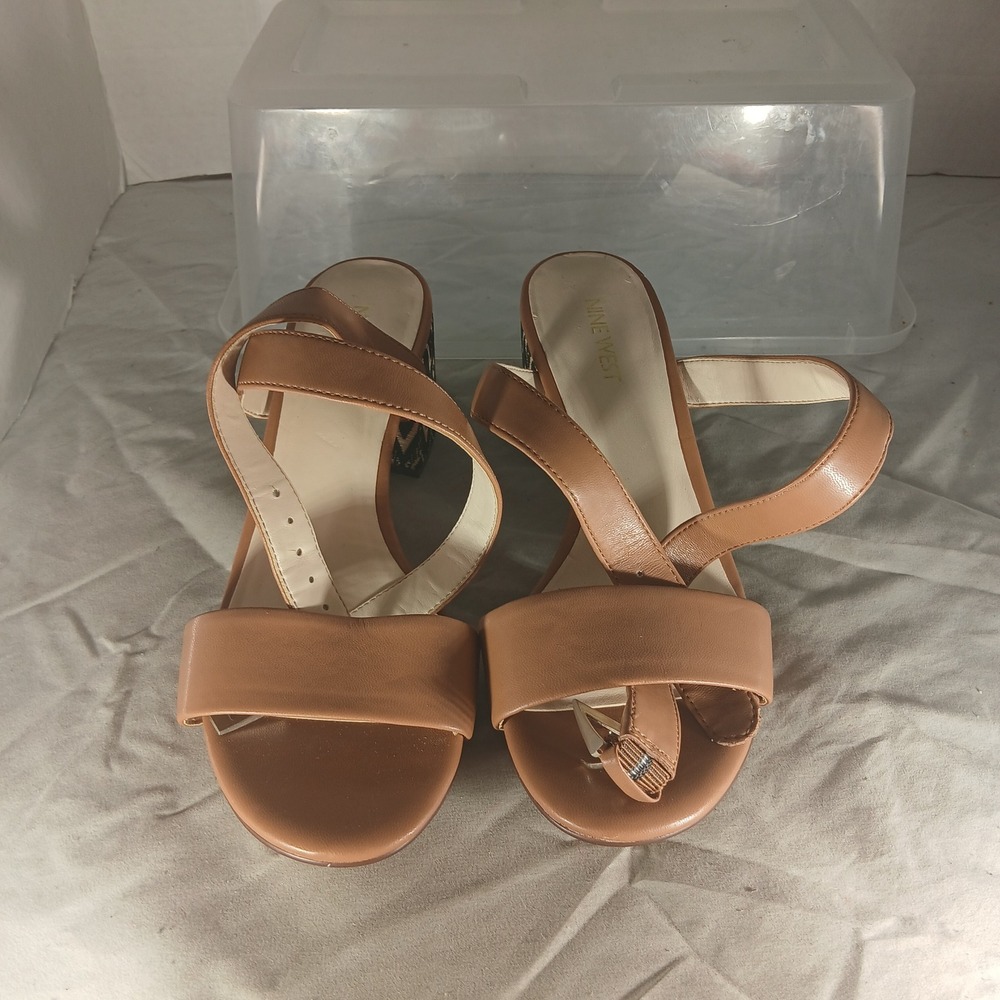 Nine‎ West Gondola Block Heel Sandals 8M Tan Geometric Boho Chic Ankle Strap - Picture 3 of 9